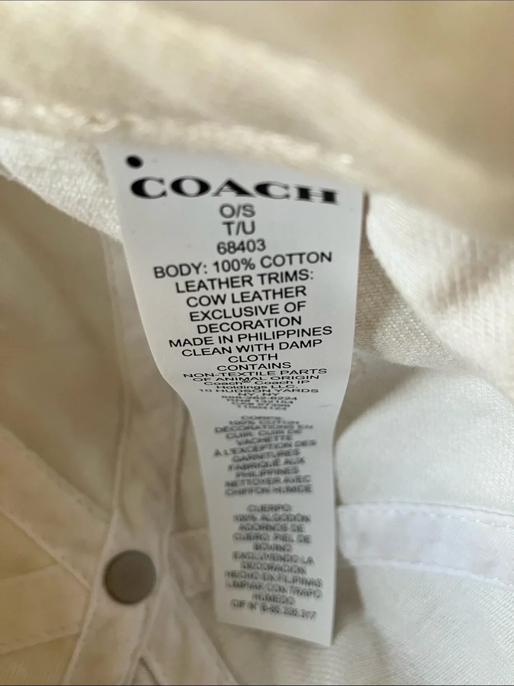 Coach: Cream Signature Baseball Cap- Leather Strap- M/L
